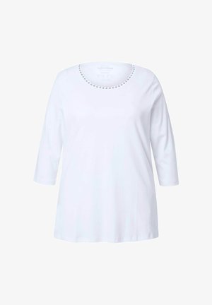 Weißes Langarmhemd mit runder Ausschnittöffnung, verziert mit kleinen metallischen Nieten. Der Stoff ist glatt, leicht locker sitzend und lässig im Stil.