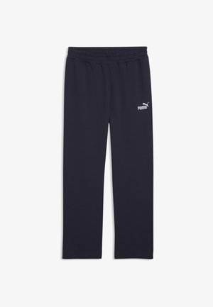 Pantalon de survêtement bleu marine Puma avec taille élastique, jambes droites et logo Puma blanc sur la cuisse gauche supérieure.
