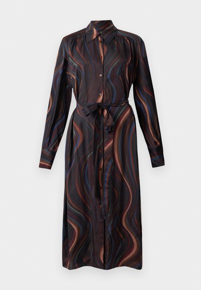 Vestido preto com mangas longas e colarinho, apresentando um padrão multicolorido em espiral e um laço na cintura, com fecho frontal de botões.