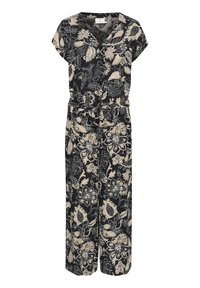 Ziedu jumpsuits melnā krāsā ar bēšiem botaniskiem motīviem. V-veida dekoltē, īsas piedurknes, sašaurināta josta ar lentu, plata kāju dizaina. Gluda auduma tekstūra.