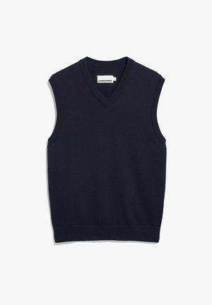 Pull sans manches bleu marine à col en V, fabriqué en matière tricotée douce avec des bords côtelés et un petit logo sur la poitrine. Design simple, sans motifs.
