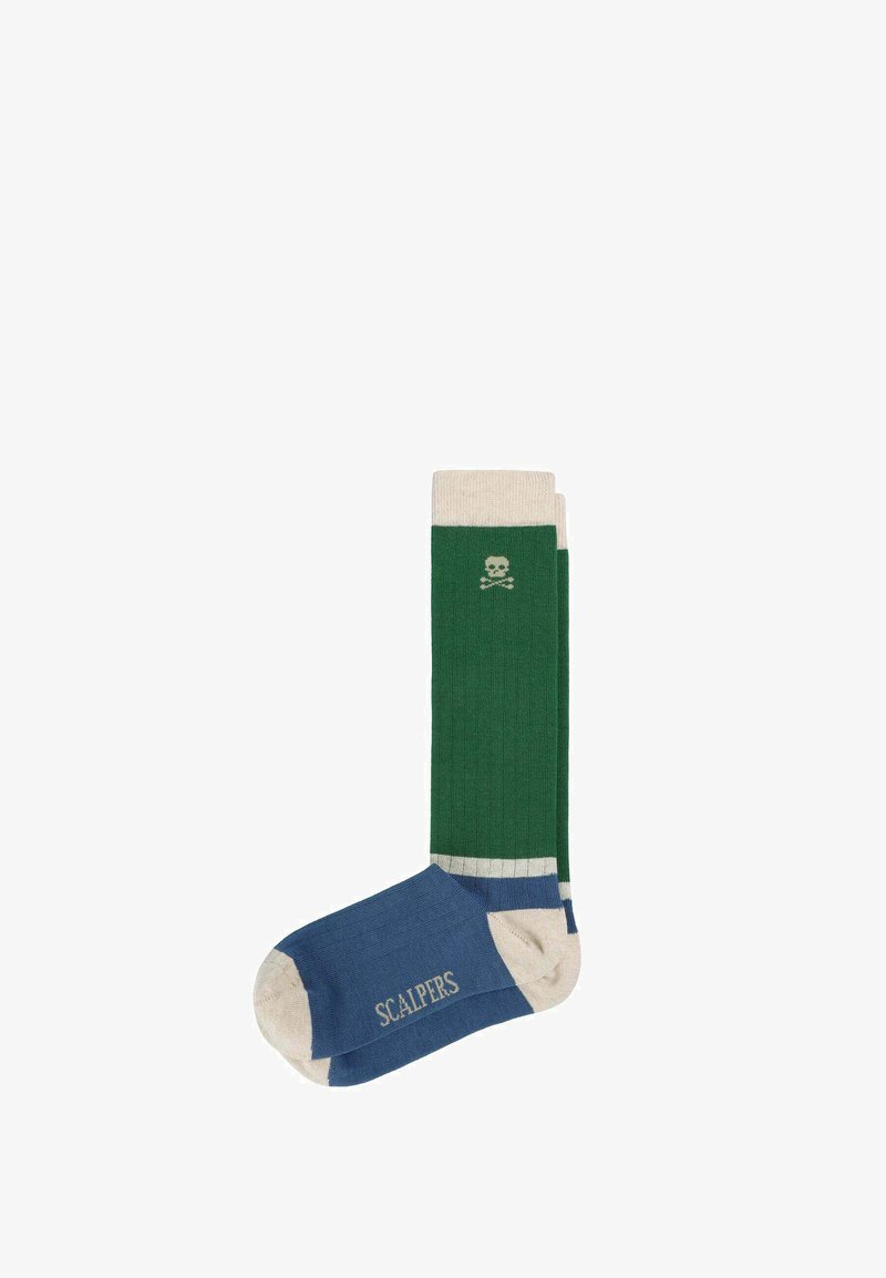 Calcetines hasta la rodilla con una parte superior verde, pie azul y acentos beige. Incluye un logotipo de calavera y huesos cruzados.