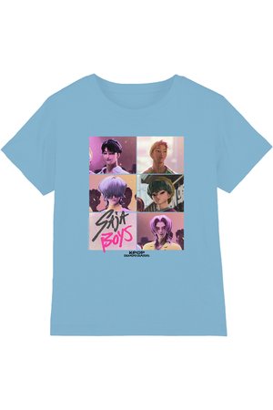 Light blue t-shirt with six animated male faces in a grid, "Saija Boys" text in black and pink, and "KPOP Demon Hunters" below.