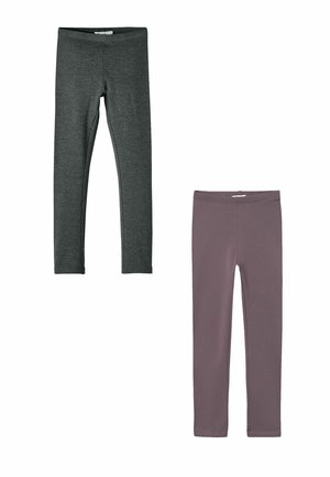 Two pairs of leggings: one in dark gray and one in soft mauve. Both are made of stretchy, smooth fabric with an elastic waistband.