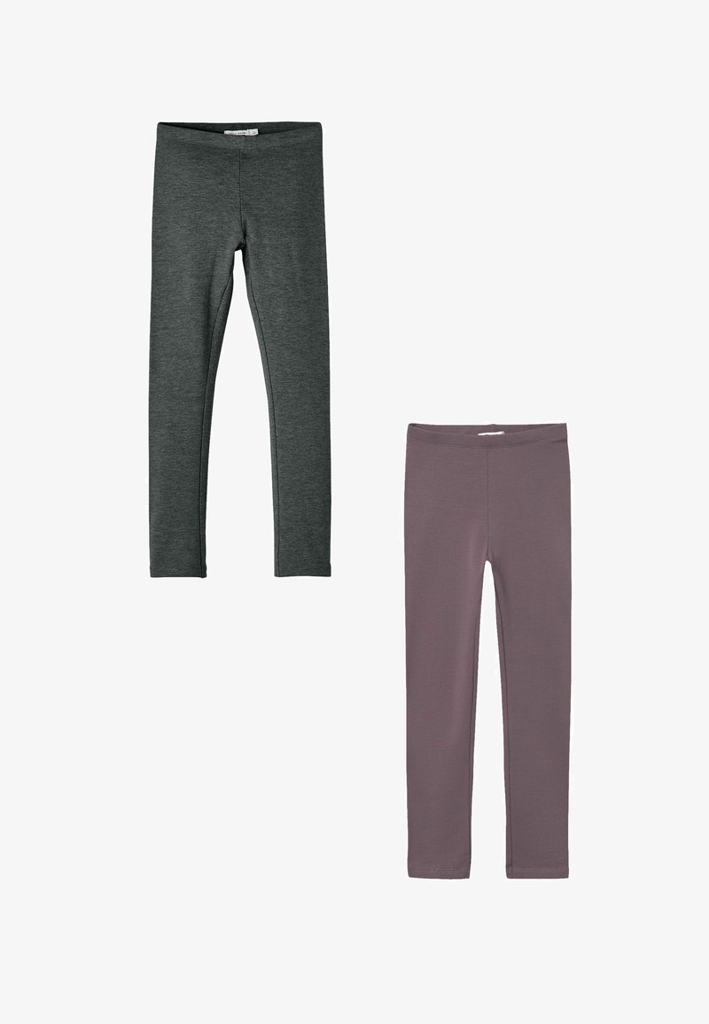 Two pairs of leggings: one in dark gray and one in soft mauve. Both are made of stretchy, smooth fabric with an elastic waistband.
