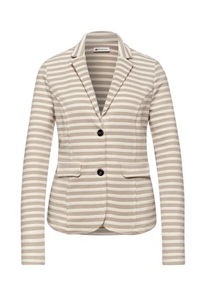 Blazer pour femme à rayures horizontales beige et blanc, avec col cranté, deux boutons noirs et poches à rabat à l'avant.