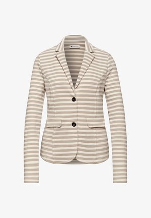 Blazer pour femme à rayures horizontales beige et blanc, avec col cranté, deux boutons noirs et poches à rabat à l'avant.