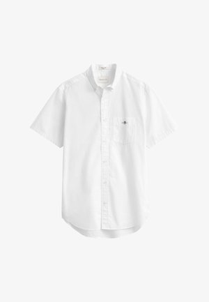 Biała koszula z krótkim rękawem na guziki, z kieszenią na piersi z małym haftowanym logo i klasycznym kołnierzem.