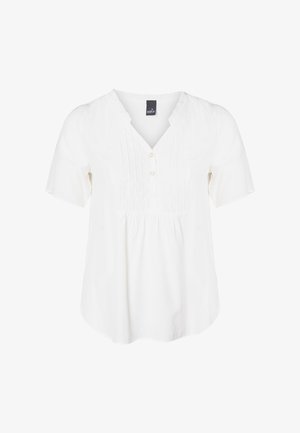Weiße Kurzarmbluse mit V-Ausschnitt, versehen mit vertikalen Falten und einer Knopfleiste. Weicher Baumwollstoff mit entspanntem Schnitt. Schlichtes Design.