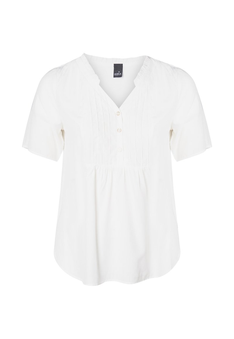 Blusa bianca a maniche corte con scollatura a V, caratterizzata da pieghe verticali e pettinatura con bottoni. Tessuto in cotone morbido con vestibilità rilassata. Design semplice.