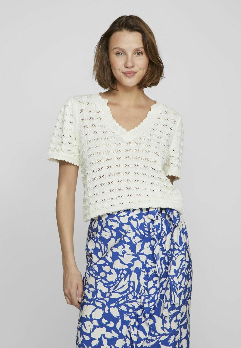 VILA KURZARM - T-shirt print - snow white
