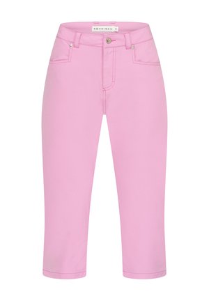 Lys rosa capri bukser lavet af blødt stof, med en standard talje, to forlommer og en lynlås lukning med en metalknap.