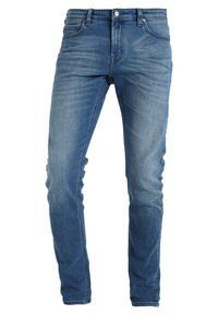 Blue denim jeans with a slim fit, featuring a classic five-pocket design, subtle fading, button and zipper closure, and a mid-rise waist.