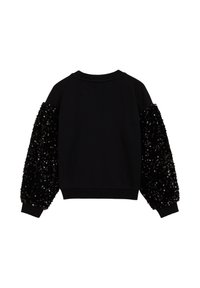 Maglione nero con polsini elasticizzati e maniche in sequins nere, larghe e testurizzate, di colore a contrasto. Design classico con scollo rotondo, materiale morbido.