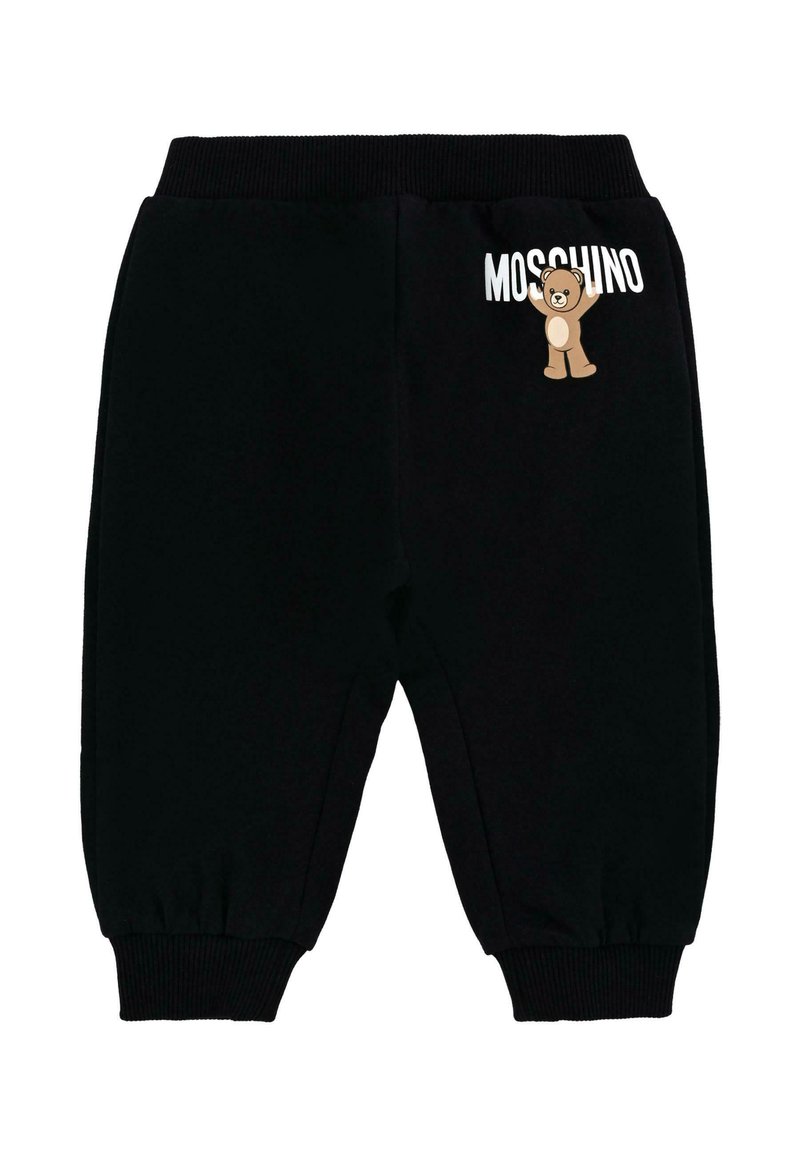 Zwarte sweatpants met een geribde tailleband en boorden, voorzien van een cartoonbeerontwerp en de tekst "Moschino" op de zijkant. Zachte stof.