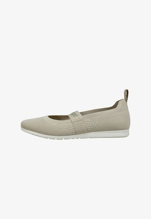 Beige mesh flat shoe with a rounded toe, elastic strap across the instep, and textured detailing on the upper, featuring a white rubber sole.