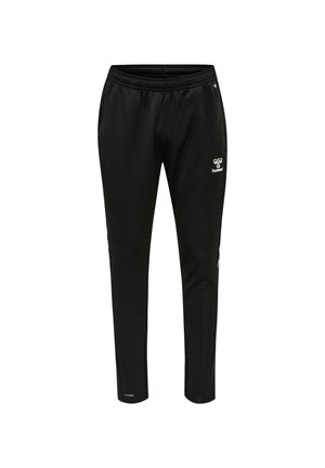 Black athletic pants with an elastic waistband, tapering shape, and logo detail on the front. Made from smooth, moisture-wicking fabric.