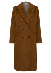 Brun dobbeltbrystet frakke lavet af tekstureret stof, med en klapkrave, to forreste lommer og sorte runde knapper.