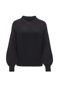 Zwarte gebreide trui met een hoge hals, lange ballonmouwen, geribbelde manchetten en een geribbelde body. De textuur heeft een verhoogd steekpatroon.