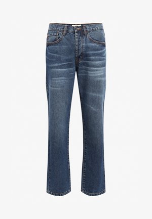 Denim jeans in dark blue with a slight fade. Features a five-pocket design, button closure, and stitched detailing along the edges.