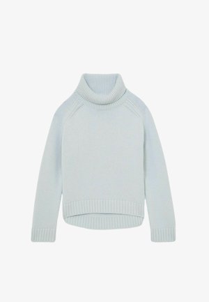 helehall sinine kõrge kaelusega kampsun, mis on valmistatud pehmest kootud kangast. Omadused hõlmavad soonikkoes varrukaotsi ja allääre, lõdvestunud istuvust ning õmblusteta õlades disaini.