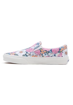 Slip-on sneakers med blomsterprint i pink, blå og hvid. Har en hvid gummisål, overdel i lærred og elastiske sidebånd.