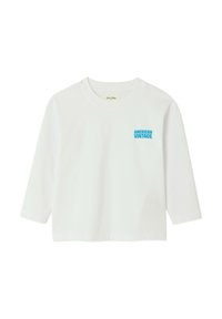 Chemise blanche à manches longues avec col rond et texte bleu « American Vintage » sur le côté gauche de la poitrine, présentée sur un fond uni.