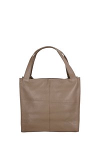 Tan leren tote bag met dubbele handvatten, met een gladde textuur en een minimalistisch ontwerp. Vier verticale naden verdelen het voorpaneel.