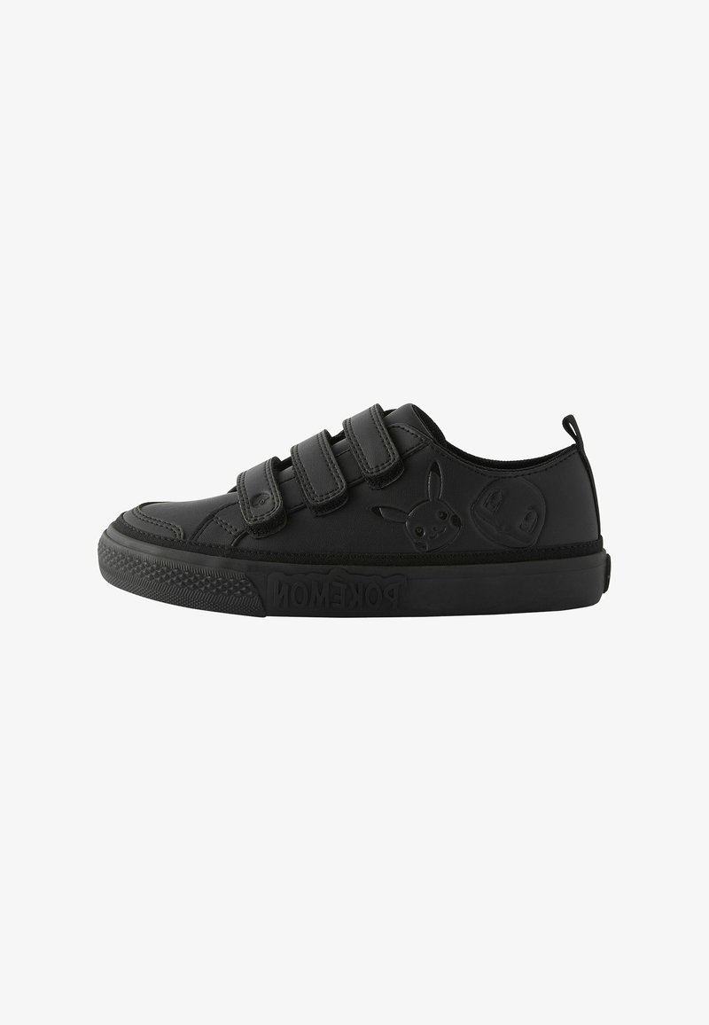 Black sneaker with three Velcro straps, rubber outsole, embossed Pokémon characters on the side, and textured material for a casual design.