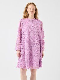 Purple flower-embroidered dress with long sleeves, sheer fabric, high neckline, and a knee-length silhouette featuring intricate floral patterns.