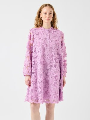Purple flower-embroidered dress with long sleeves, sheer fabric, high neckline, and a knee-length silhouette featuring intricate floral patterns.