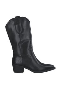 Czarny kowbojski but skórzany do połowy łydki z zaostrzonym noskiem, niskim, nałożonym obcasem i pętelką do ściągania na górnej części cholewki.