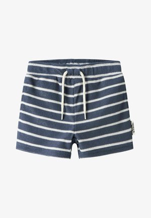 Shorts bleu marine pour tout-petits avec des rayures blanches horizontales, taille élastique, cordon blanc et petite étiquette latérale.