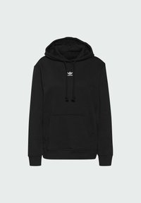 Felpa con cappuccio nera realizzata in cotone, con tasca frontale, cordini e un piccolo logo bianco sul petto. Design semplice.