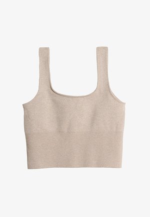 Bež riban top s kvadratnim izrezom in širokimi naramnicami. Mehak material in prilegajoča zasnova, z diskretnim šivom na prsi.