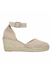 Beige suede espadrille wedge with an ankle strap, textured jute wrapping around the heel, and a rounded toe design. Adjustable metal buckle.
