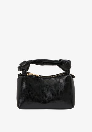 Borsa a tracolla in pelle nera con manico intrecciato, dettagli in zip dorati e forma rettangolare compatta. Finitura liscia e lucida.