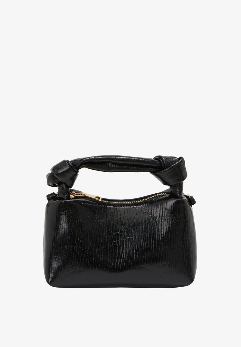 Bolso de mano de cuero negro texturizado con un asa retorcida, detalle de cremallera dorada y una forma rectangular compacta. Acabado liso y brillante.