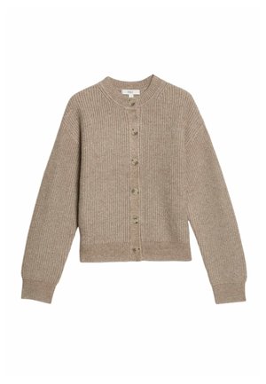Cardigan beige lavorato a maglia con scollo rotondo, trama a coste, maniche lunghe e chiusura frontale con sei bottoni rotondi.
