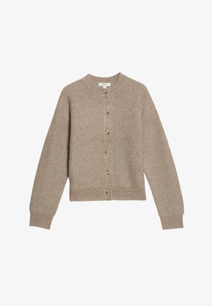 Beige gestrickte Strickjacke mit rundem Ausschnitt, gerippter Textur, langen Ärmeln und durchgehender Knopfleiste mit sechs runden Knöpfen.