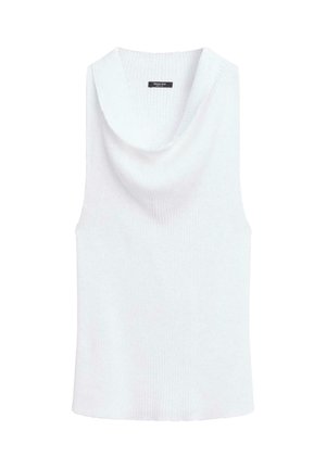 Ærmeløs hvid strikket top med bred slænghalsskrave og ribstrikket tekstur, mærke synligt inde i halsudskæringen.