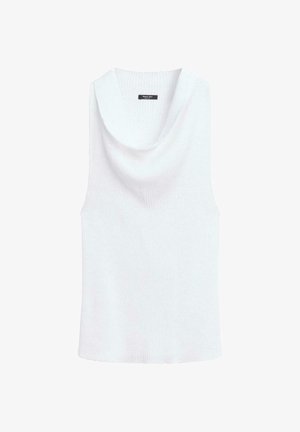 Ærmeløs hvid strikket top med bred slænghalsskrave og ribstrikket tekstur, mærke synligt inde i halsudskæringen.