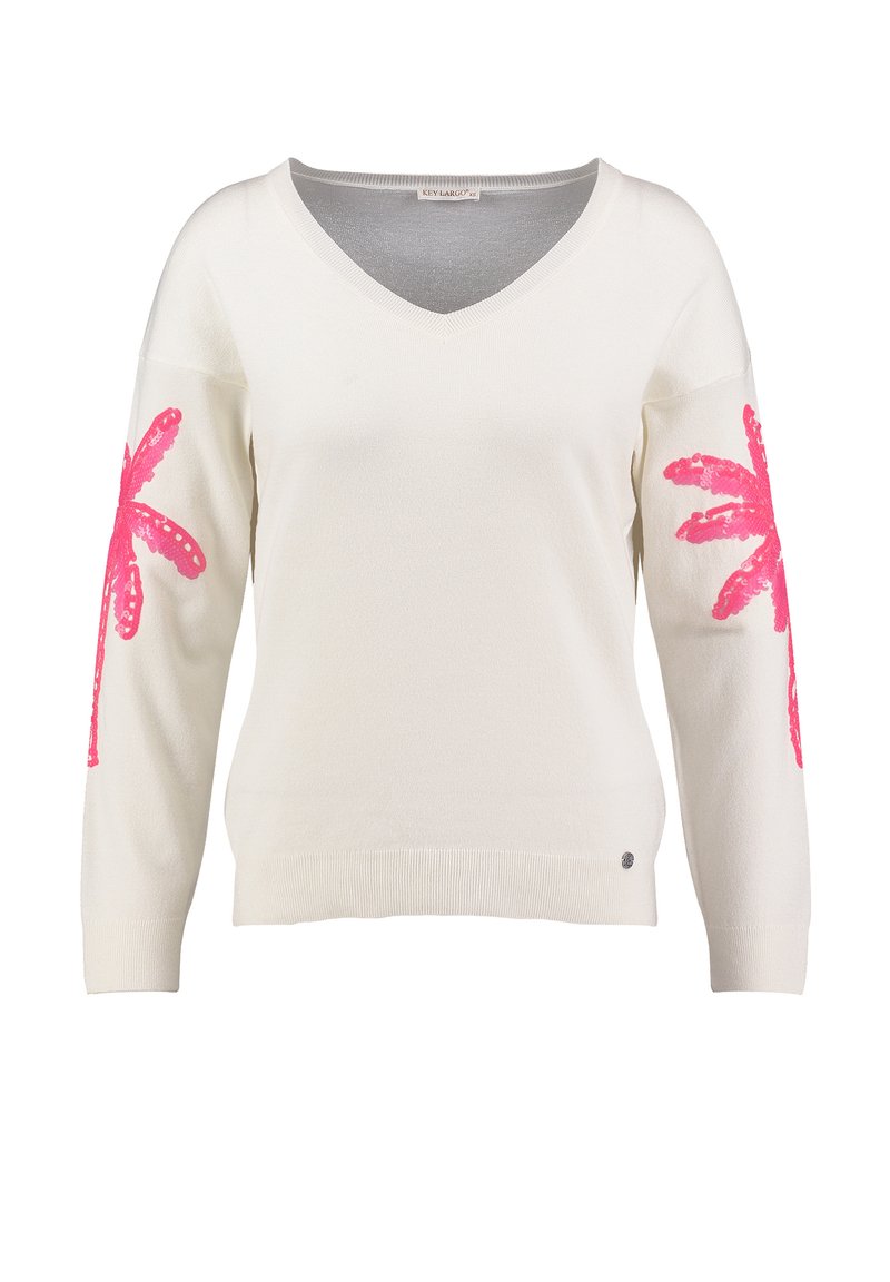 Maglione crema a scollo a V con maniche lunghe caratterizzato da grandi stampe di palme rosa su entrambe le braccia e un piccolo logo vicino all'orlo.