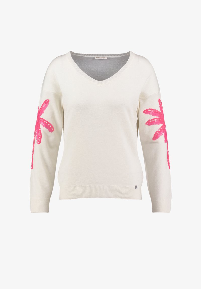 Maglione crema a scollo a V con maniche lunghe caratterizzato da grandi stampe di palme rosa su entrambe le braccia e un piccolo logo vicino all'orlo.