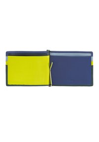 Portafoglio pieghevole in pelle verde, gialla e blu. Presenta diversi scomparti per carte e una chiusura metallica per una chiusura sicura.