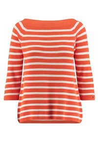 Pomarańczowo-biała prążkowana dzianinowa bluzka z szerokim dekoltem, rękawami do połowy przedramienia i luźnym krojem. Całość ozdobiona teksturowanym prążkowaniem.