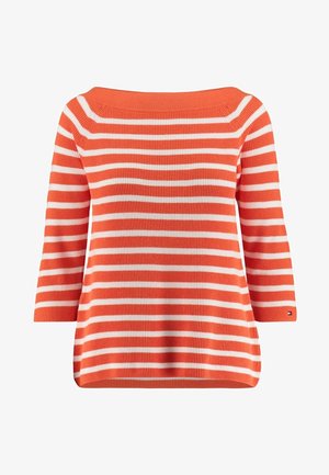 Pomarańczowo-biała prążkowana dzianinowa bluzka z szerokim dekoltem, rękawami do połowy przedramienia i luźnym krojem. Całość ozdobiona teksturowanym prążkowaniem.