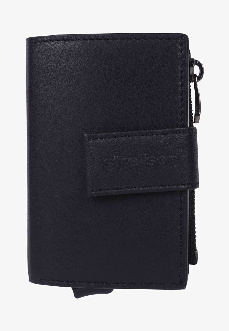 Black leather wallet with a textured finish, featuring a snap closure and a small metal zipper, adorned with a debossed brand logo.