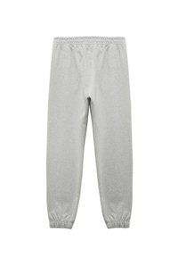 Grijze sweatpants met een elastische tailleband, taps toelopende cuffs en een zachte textuur. Geen zichtbare patronen of extra details.