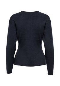 Black long-sleeve knitted sweater with a round neckline and slightly fitted waist, shown from the back on a white background.